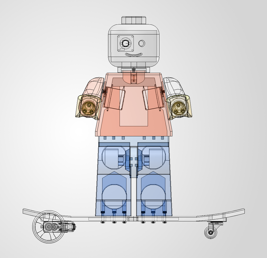 Transparent front CAD view showing shoulder servos, leg mounts, and drive wheel