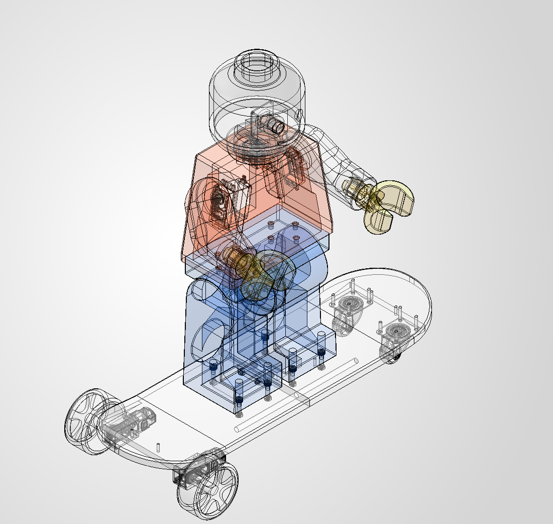 Transparent isometric CAD view of B.O.B.'s internal servos and skateboard drive