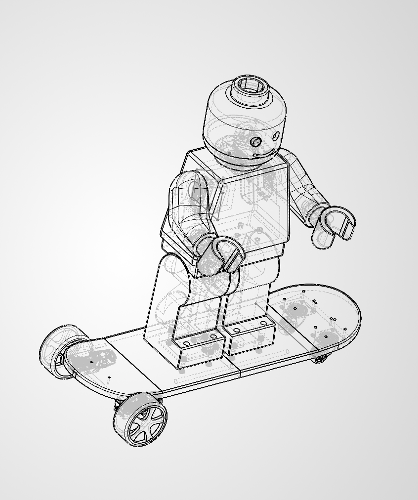 Wireframe isometric CAD view of B.O.B. on the skateboard